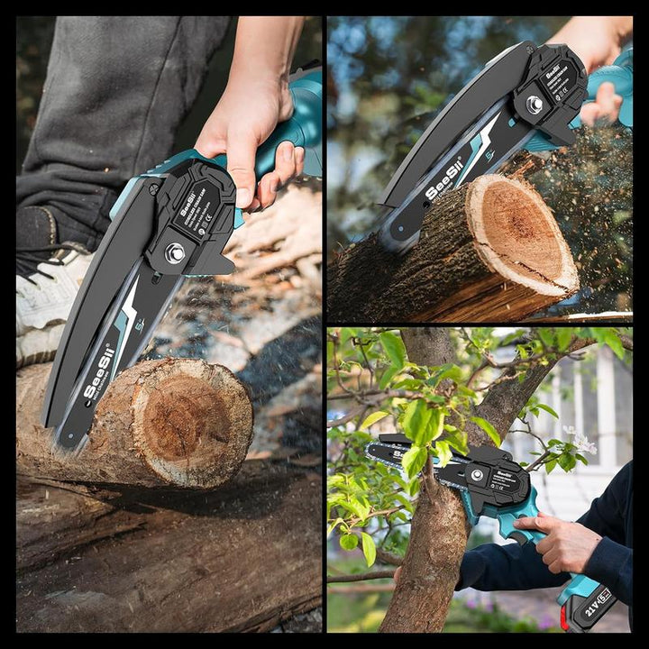 Seesii Mini Cordless Chainsaw, 6 Inch Handheld Chain Saw with Security Lock for Tree Trimming Wood Cutting