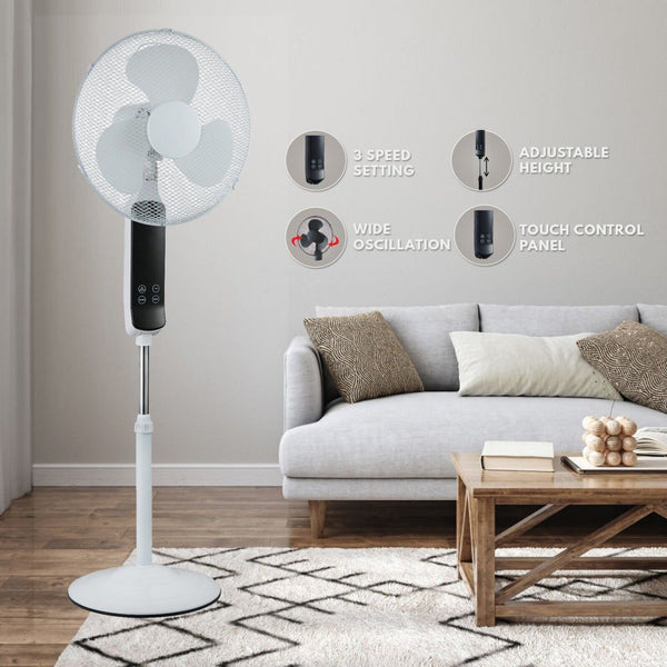 16" Oscillating White Fan with Touch Panel, Remote Control & 3 Speed Timer