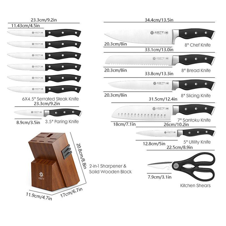 ASETY 15 PCS Knife Set with Block NSF Built-In Cooking Knife Sharpener Block German Stainless Steel Knife Block Set Full Tang Professional Chef Knife Set Food Sharp Steak Knife Meat Boning Set for Men'S Box Gift Wooden Block Handles Holder Kitchen Knives