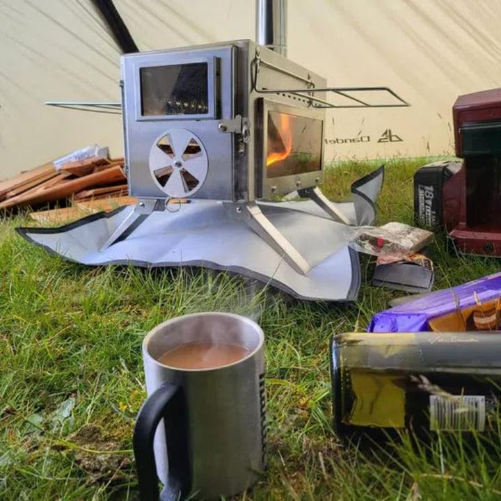 Dandelion Shell Portable Camping Wood Stove with Glass View - 8 Stainless Steel Chimneys for Outdoor Cooking, Heating, and Shelter (304 Stainless Steel)