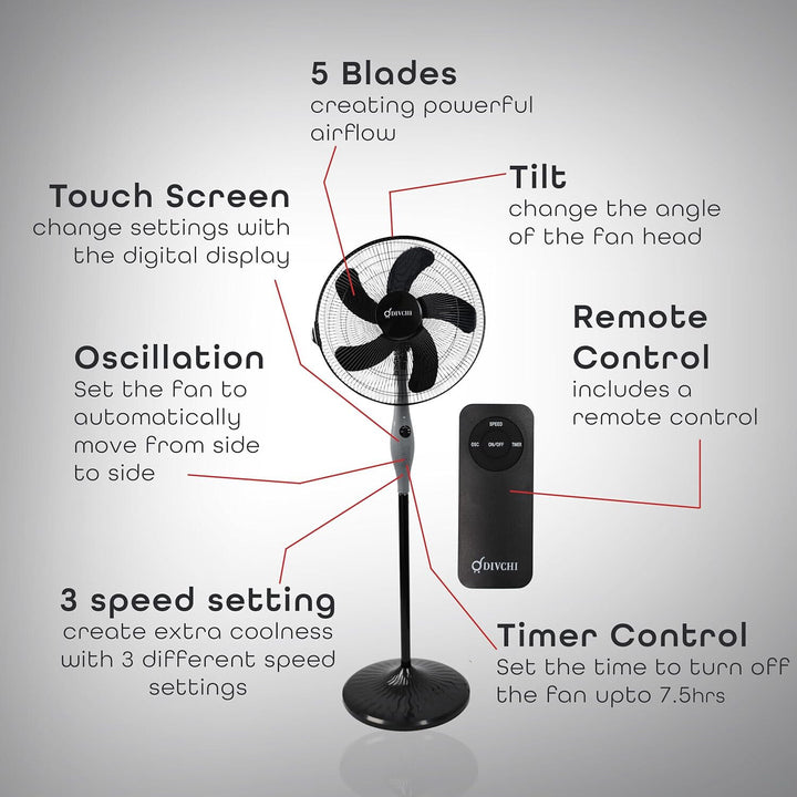 18 Inch Black Oscillating Pedestal Fan with Touch Screen and Remote Cooling Fan