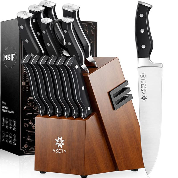 ASETY 15 PCS Knife Set with Block NSF Built-In Cooking Knife Sharpener Block German Stainless Steel Knife Block Set Full Tang Professional Chef Knife Set Food Sharp Steak Knife Meat Boning Set for Men'S Box Gift Wooden Block Handles Holder Kitchen Knives