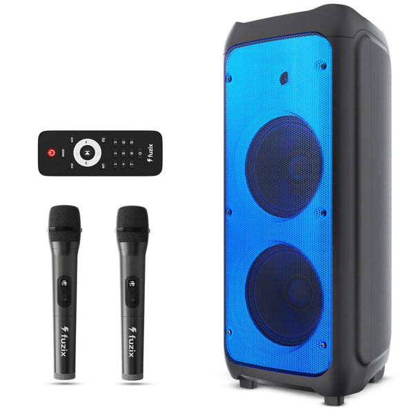 Nova Portable Rechargeable Karaoke Bluetooth Speaker by Fuzix – Dual Wireless Microphones, Dynamic LED Lights, FM Radio, USB, Micro SD with Remote Audio Card Remote Control