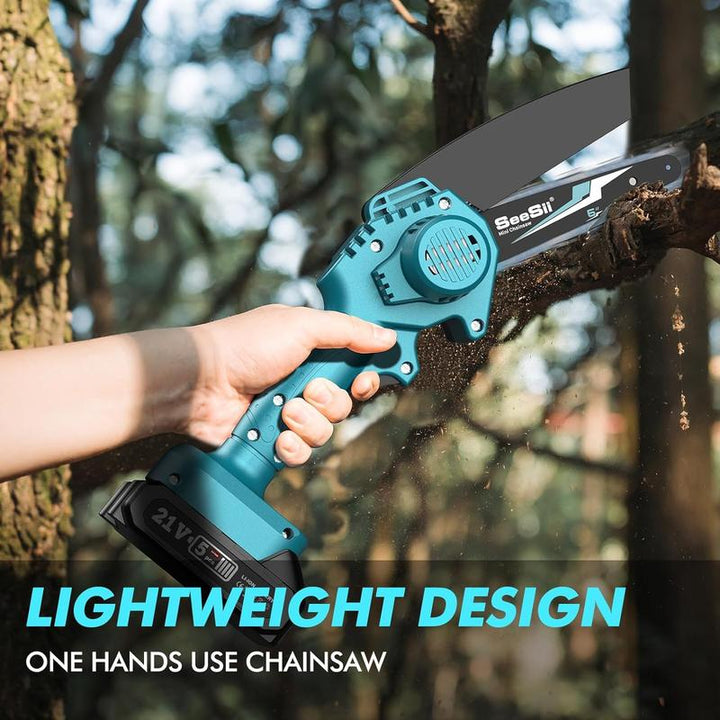 Seesii Mini Cordless Chainsaw, 6 Inch Handheld Chain Saw with Security Lock for Tree Trimming Wood Cutting