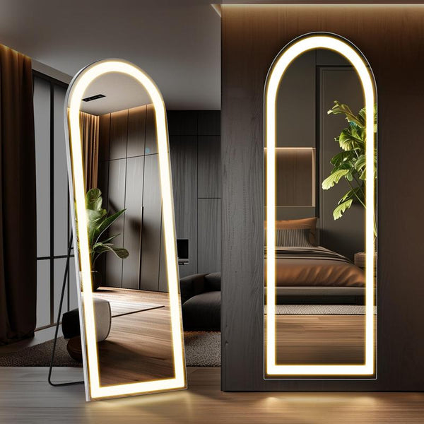 Mirror Full Length Standing Mirror with LED Lights, Lighted Floor Mirror with Stand, W/Dimming & 3 Color Lighting, Wall Mirror Full Length Aluminum Alloy Thin Frame