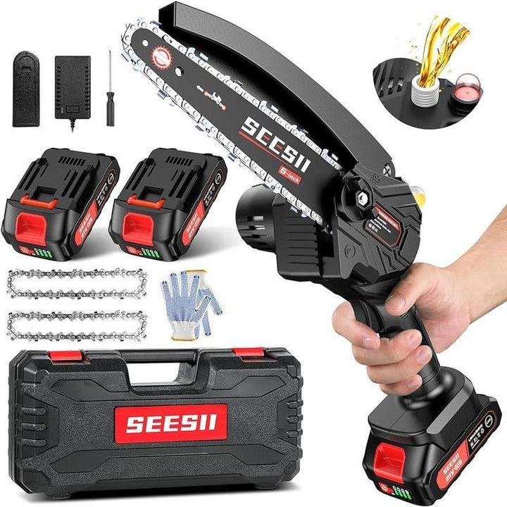 Seesii Mini Cordless Chainsaw, 6 Inch Handheld Chain Saw with Security Lock for Tree Trimming Wood Cutting